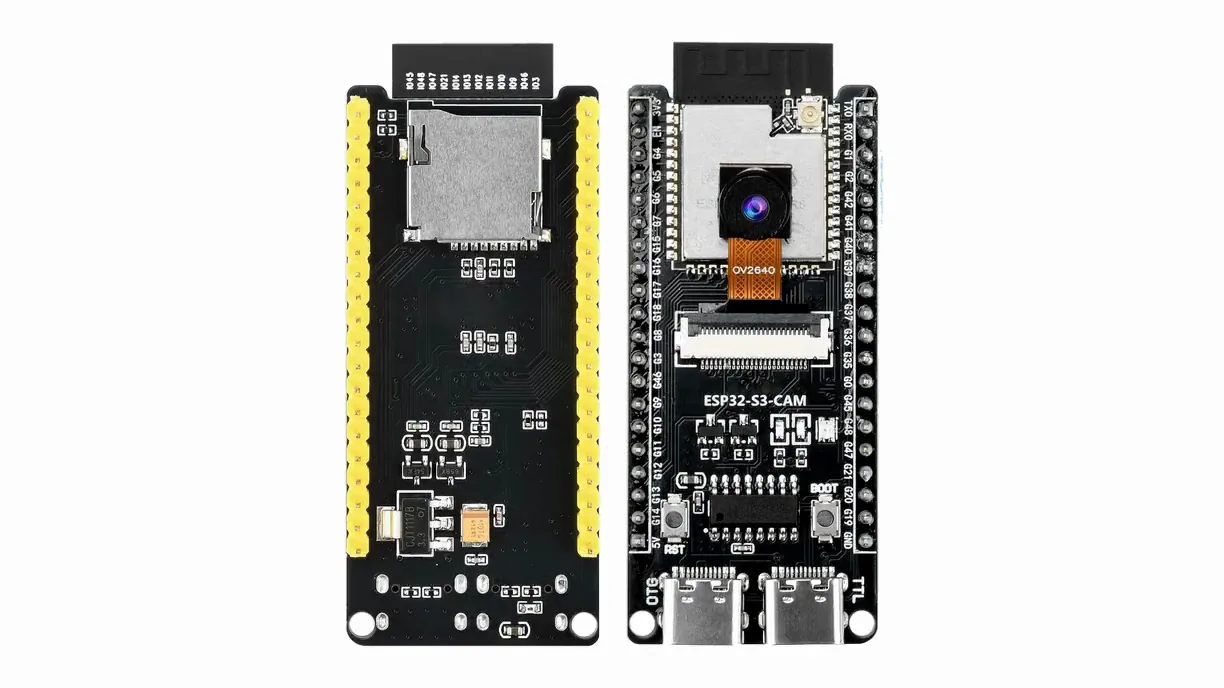 An ESP32-S3 CAM board, front and back, with its microSD slot