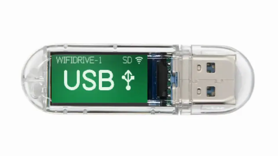 WiFiDrive in its case, its screen switching from USB mode to WiFi mode and back